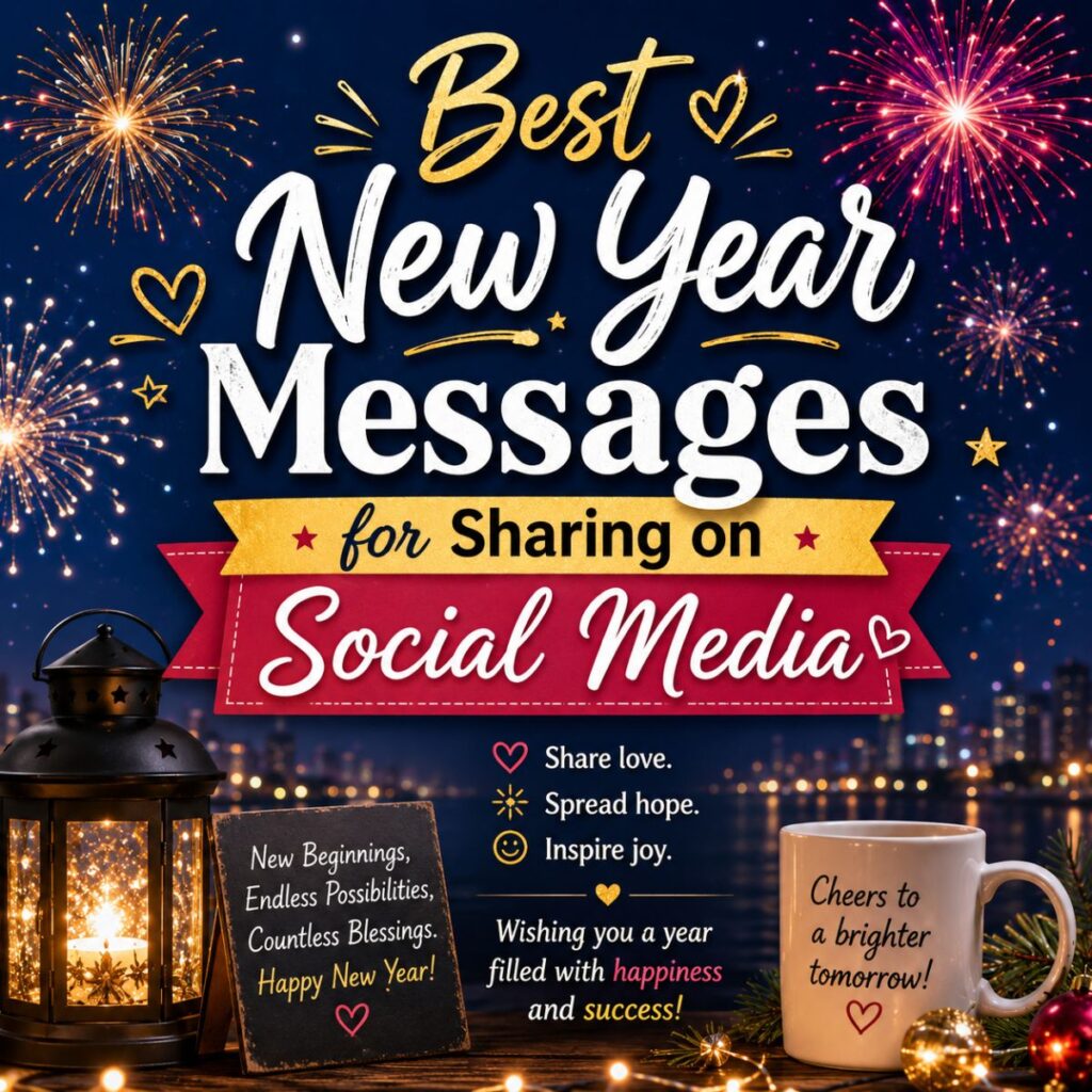 Best New Year messages for social media with fireworks, lantern, coffee mug, and festive celebration theme