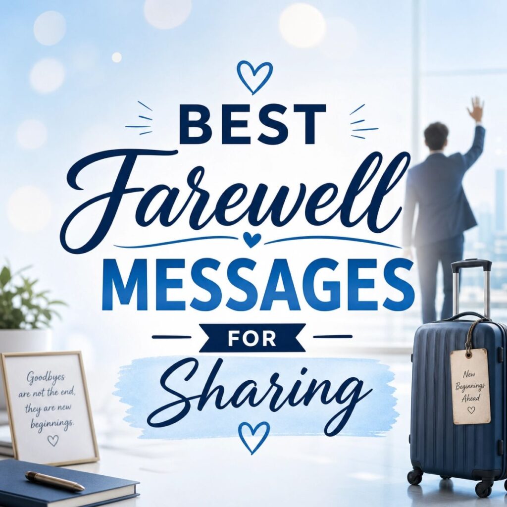 Best farewell messages for sharing graphic with suitcase and person waving.