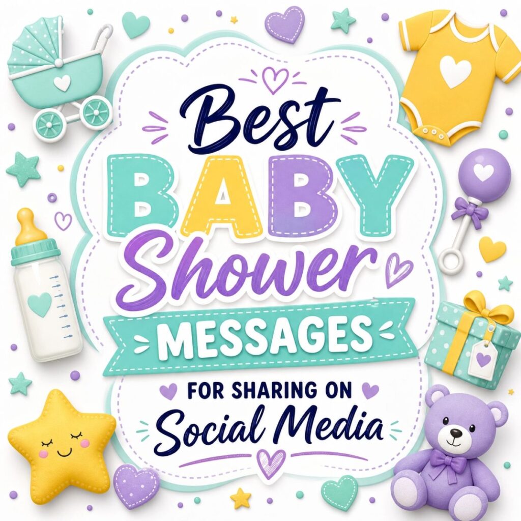Social media baby shower messages graphic with a stroller, teddy bear, and baby bottle in pastel colors.
