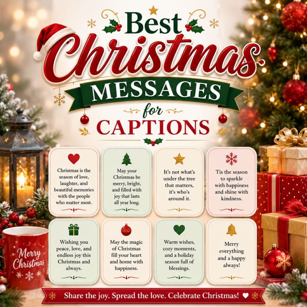 Best Christmas messages for captions with festive holiday decorations, Christmas tree, gifts, lantern, and warm wishes
