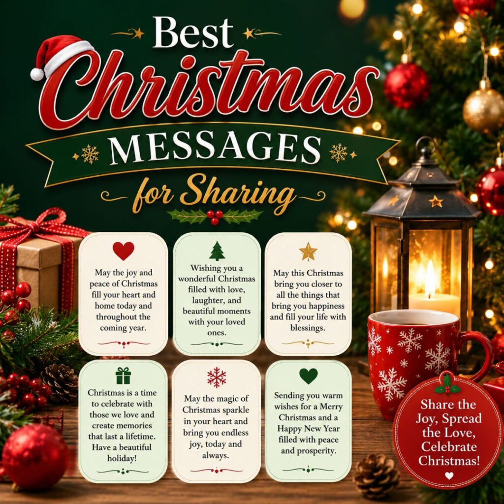 Best Christmas messages for sharing with festive holiday decorations, Christmas tree, gifts, lantern, and warm wishes