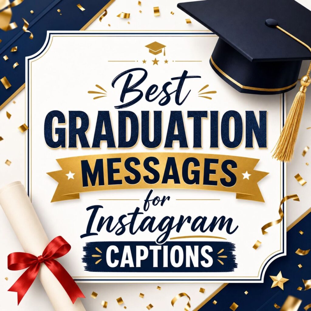 Graduation cap and diploma with text "Best Graduation Messages for Instagram Captions" in navy and gold.