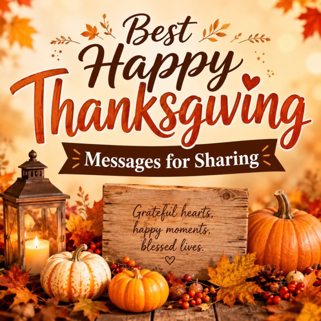 Warm Thanksgiving banner with pumpkins, autumn leaves, lantern, and “Best Happy Thanksgiving Messages for Sharing” text