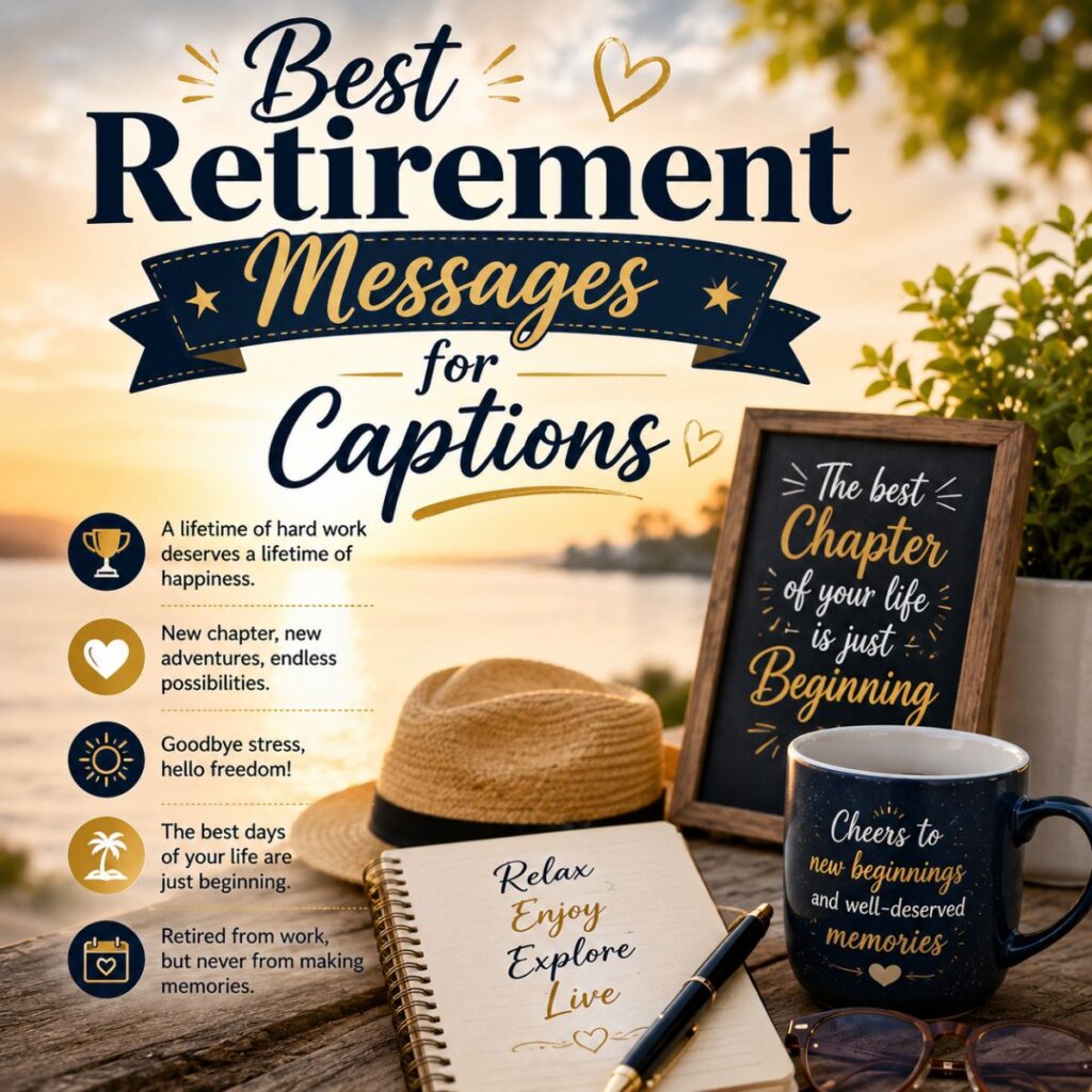 Best retirement messages for captions with sunset background, travel hat, notebook, and inspiring retirement quotes