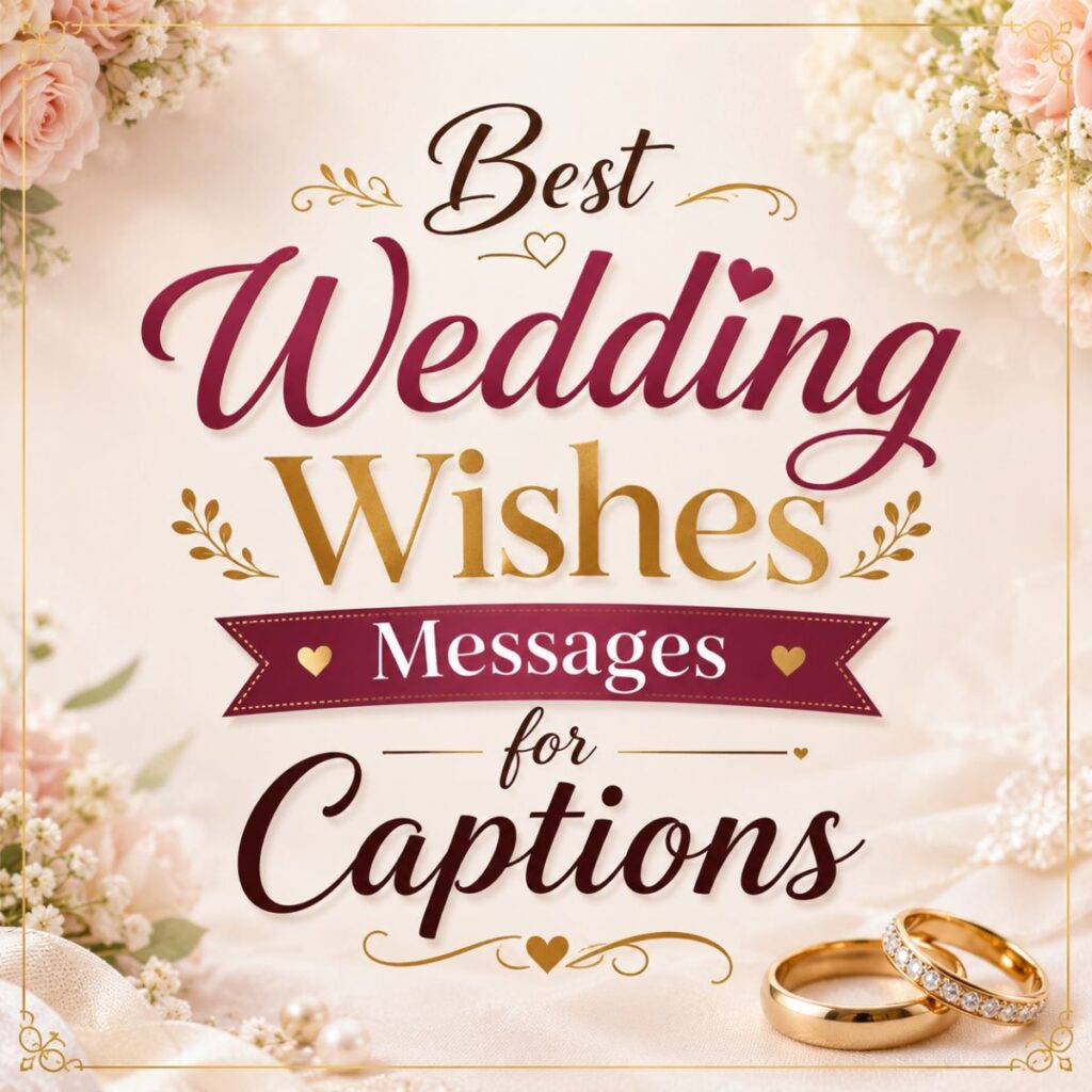 Elegant wedding-themed graphic with floral background, golden rings, and text "Best Wedding Wishes Messages for Captions"