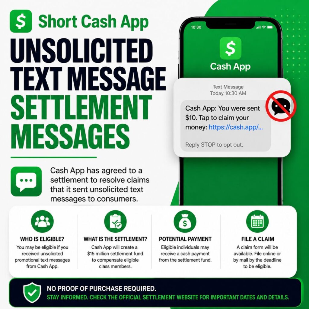 Infographic explaining Cash App unsolicited text message settlement, eligibility and claim process