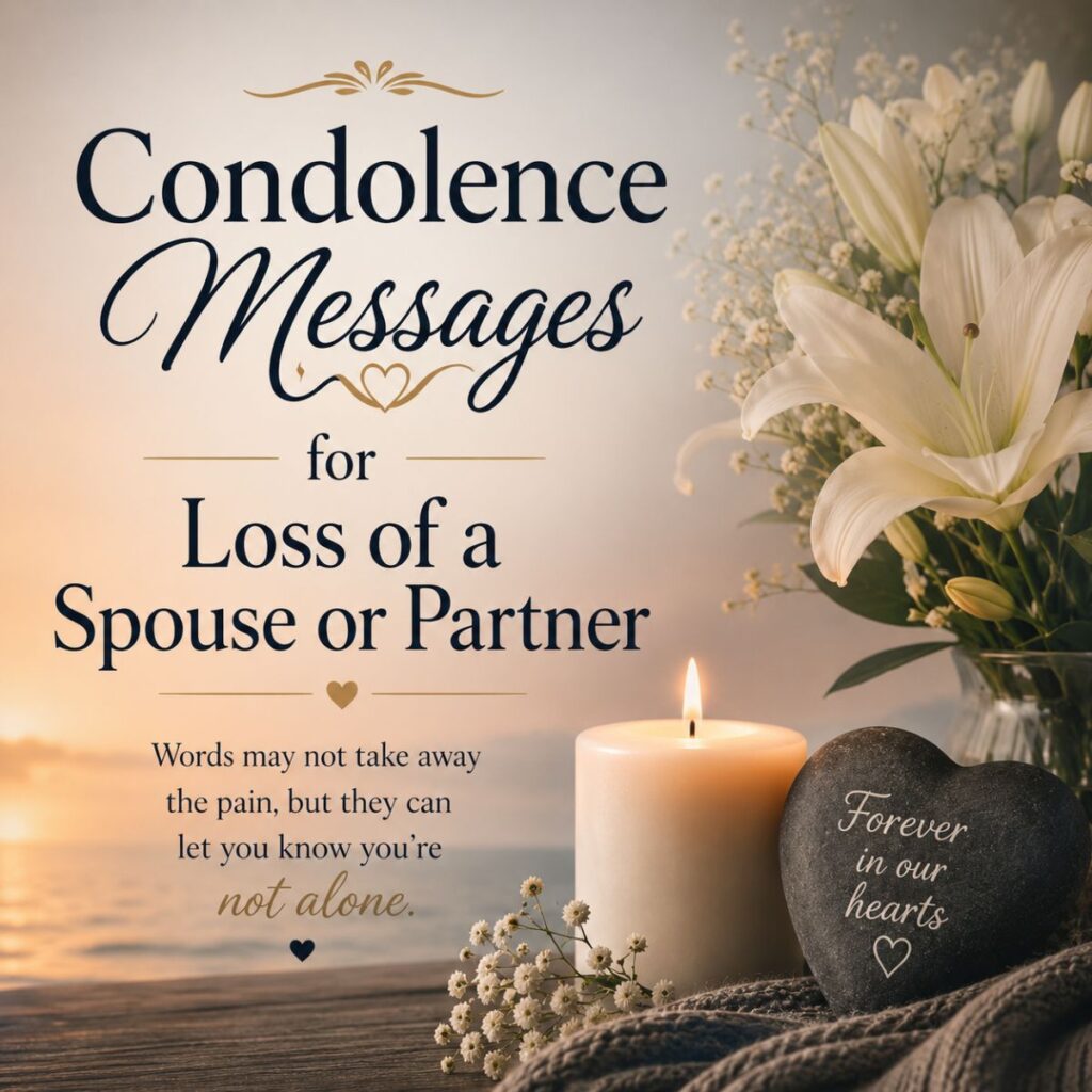 Condolence messages for loss of a spouse with candle, white lilies, and comforting sympathy quote