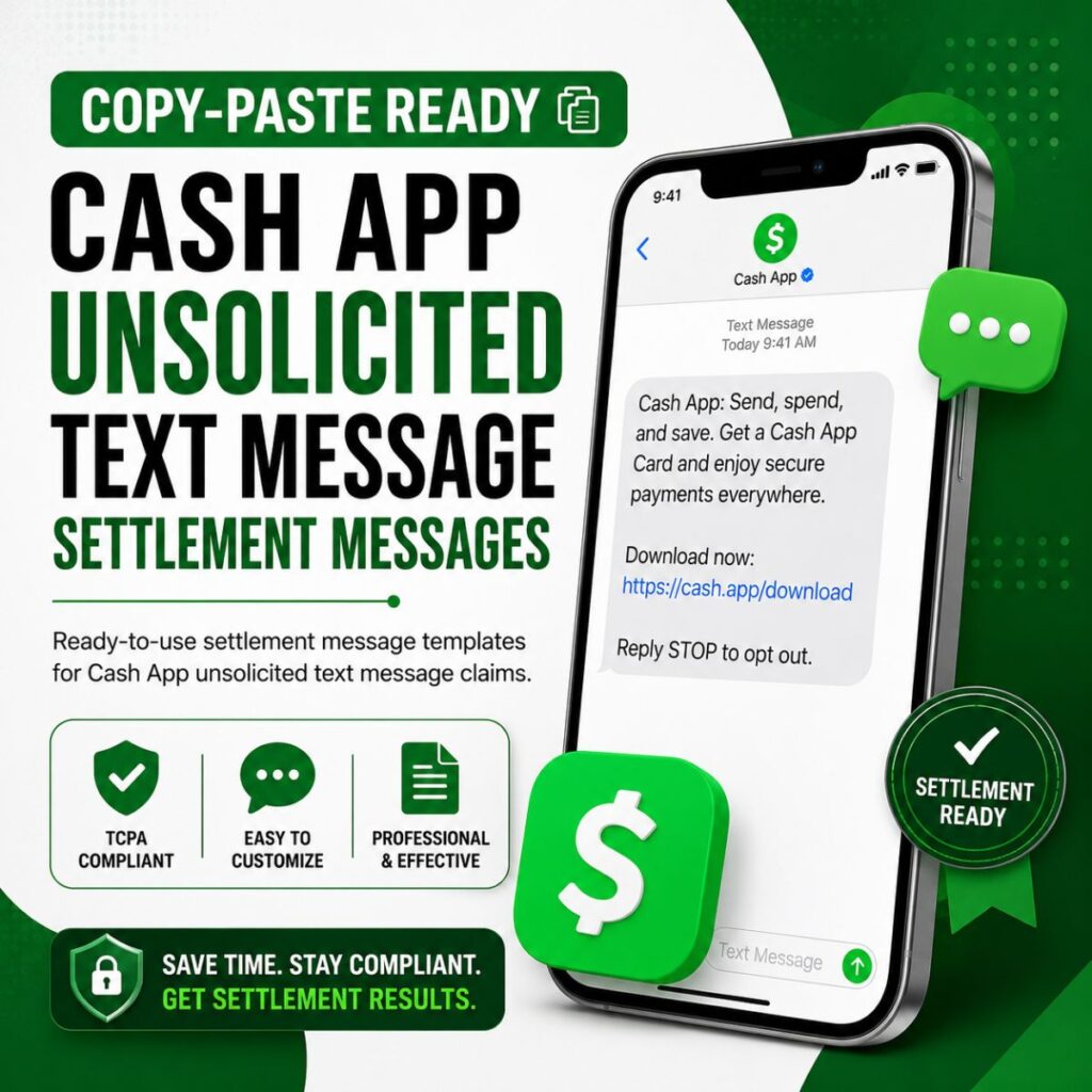 Cash App unsolicited text message settlement graphic with smartphone mockup and ready-to-use claim message templates