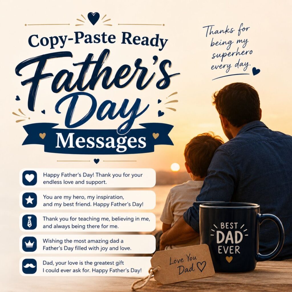 Father’s Day messages poster with father and child at sunset, copy-paste ready heartfelt wishes design