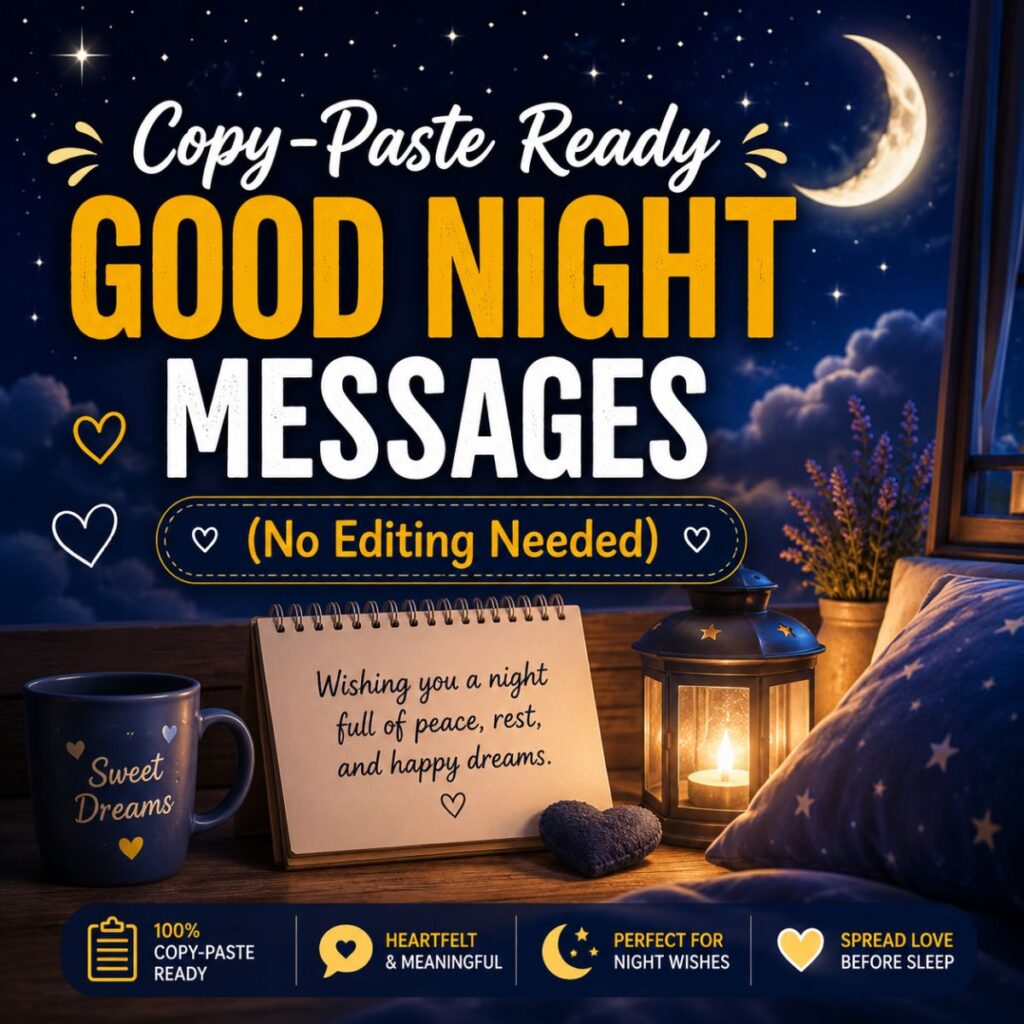 Copy-paste ready good night messages image with cozy bedroom, moonlit sky, lantern, and peaceful bedtime vibes