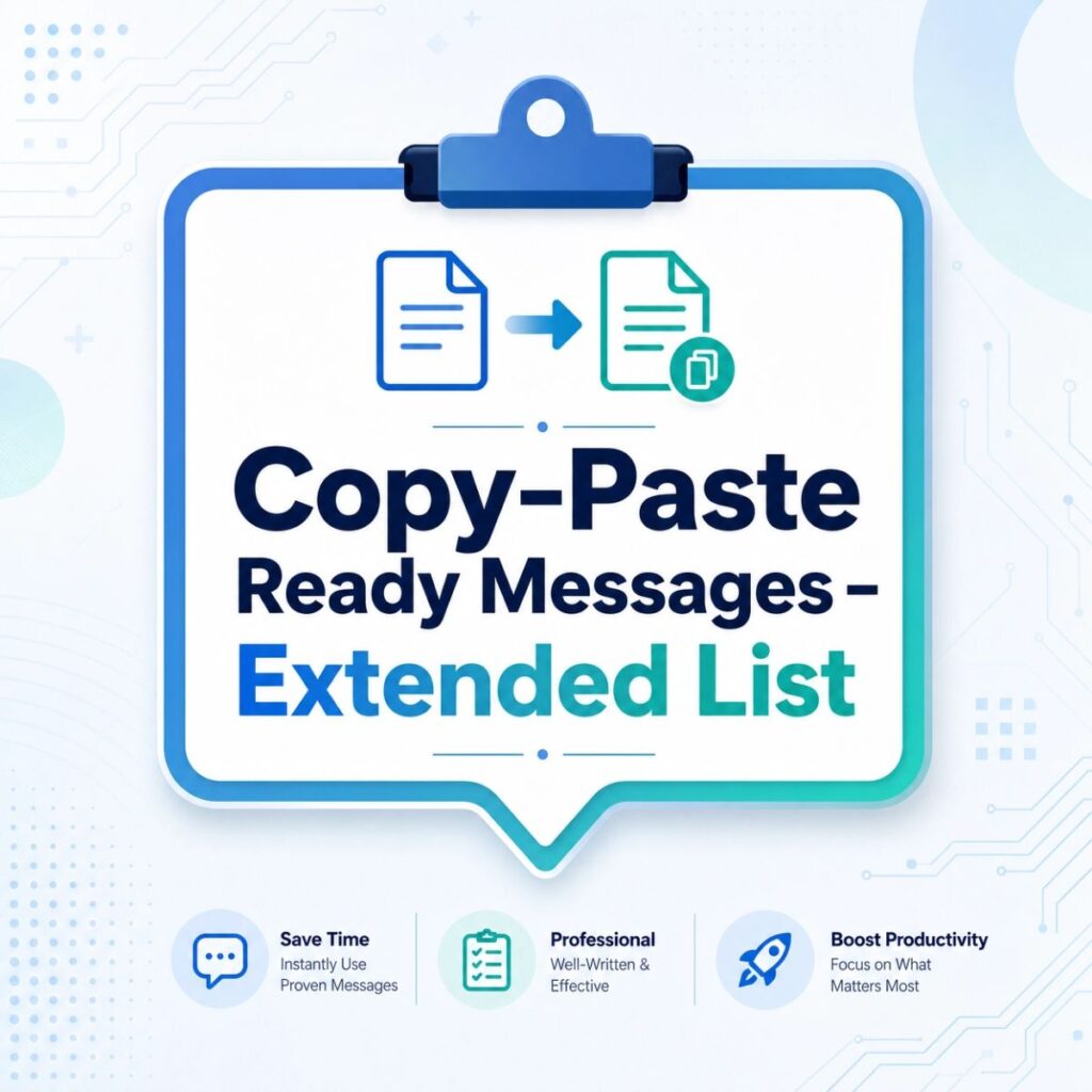 Copy-paste ready messages extended list on a modern blue clipboard with productivity icons.