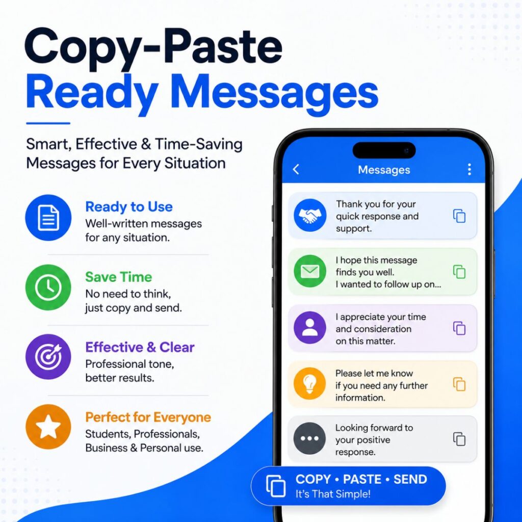 Copy-Paste Ready Messages infographic with time-saving prewritten texts in smartphone messaging app UI