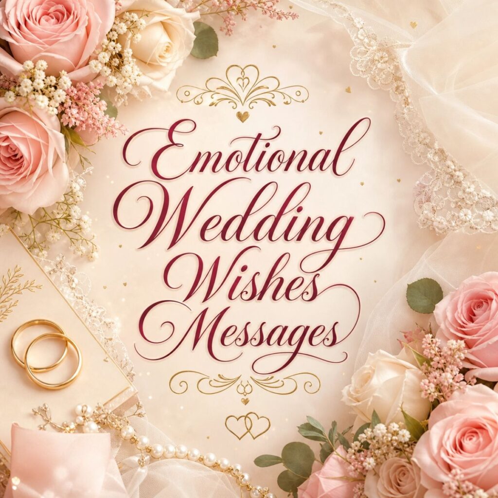 Emotional wedding wishes messages with gold rings and pink roses in an elegant romantic setting.