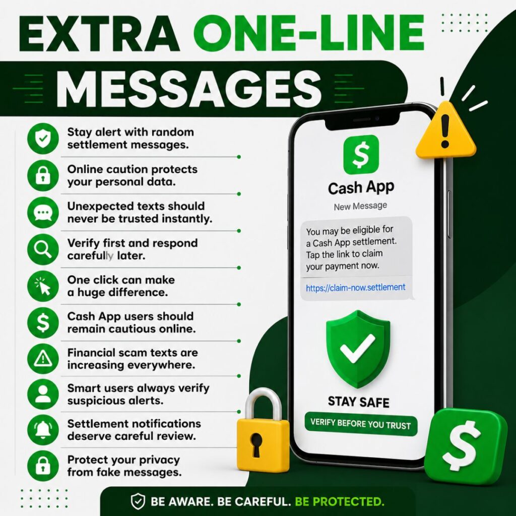 Cash App settlement warning infographic with one-line safety messages and scam alert smartphone illustration