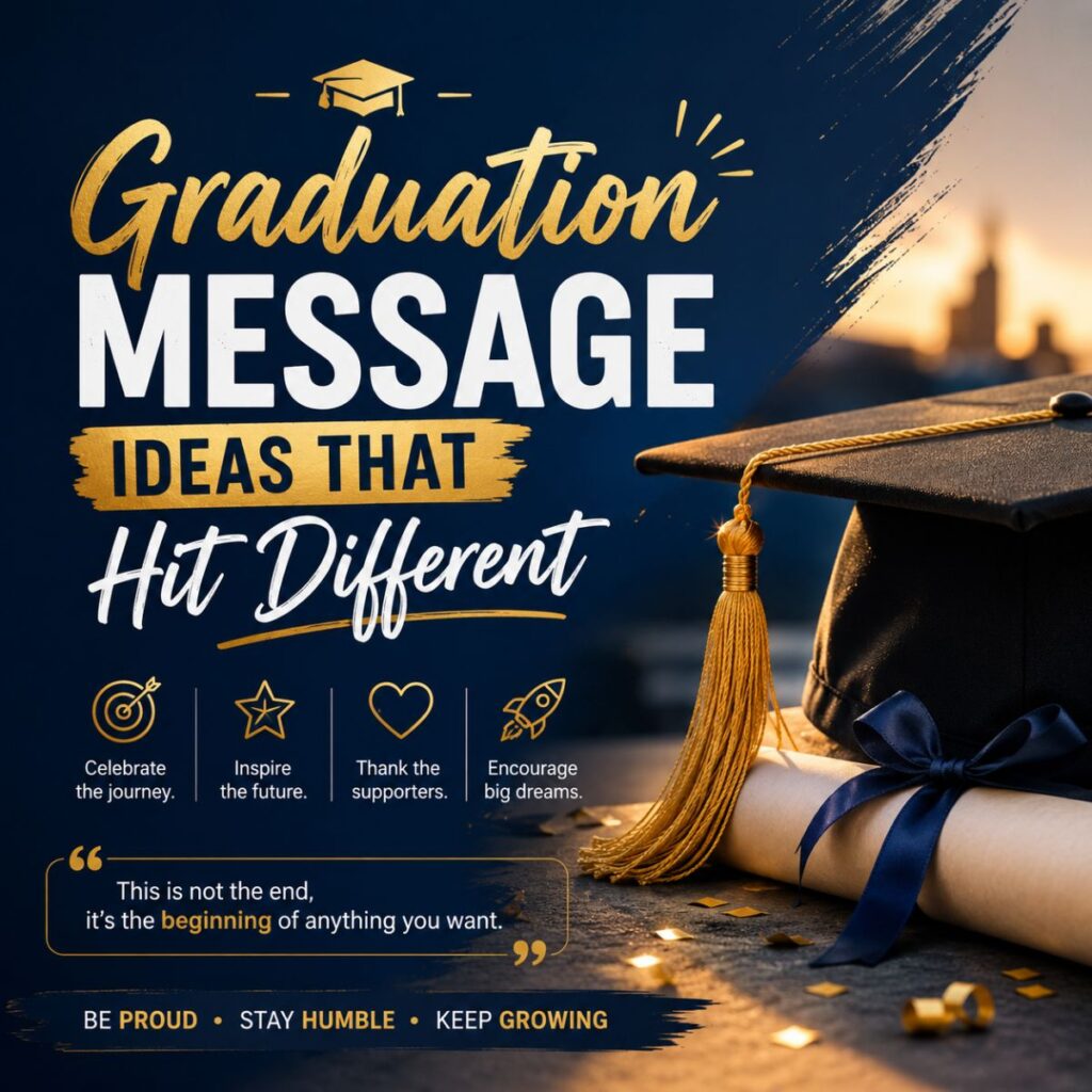 Graduation message poster with cap, diploma, and motivational quotes in blue and gold theme
