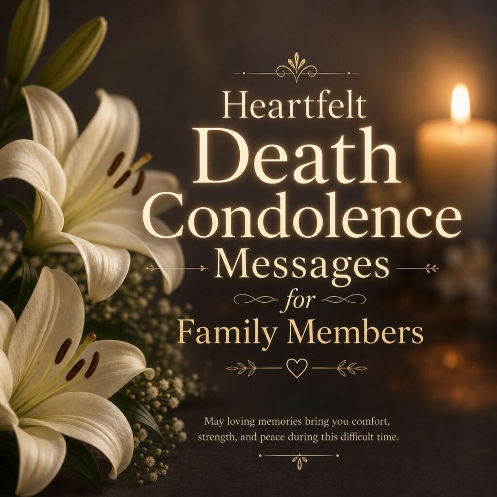 Heartfelt death condolence messages for family members with white lilies and a soft candle flame.