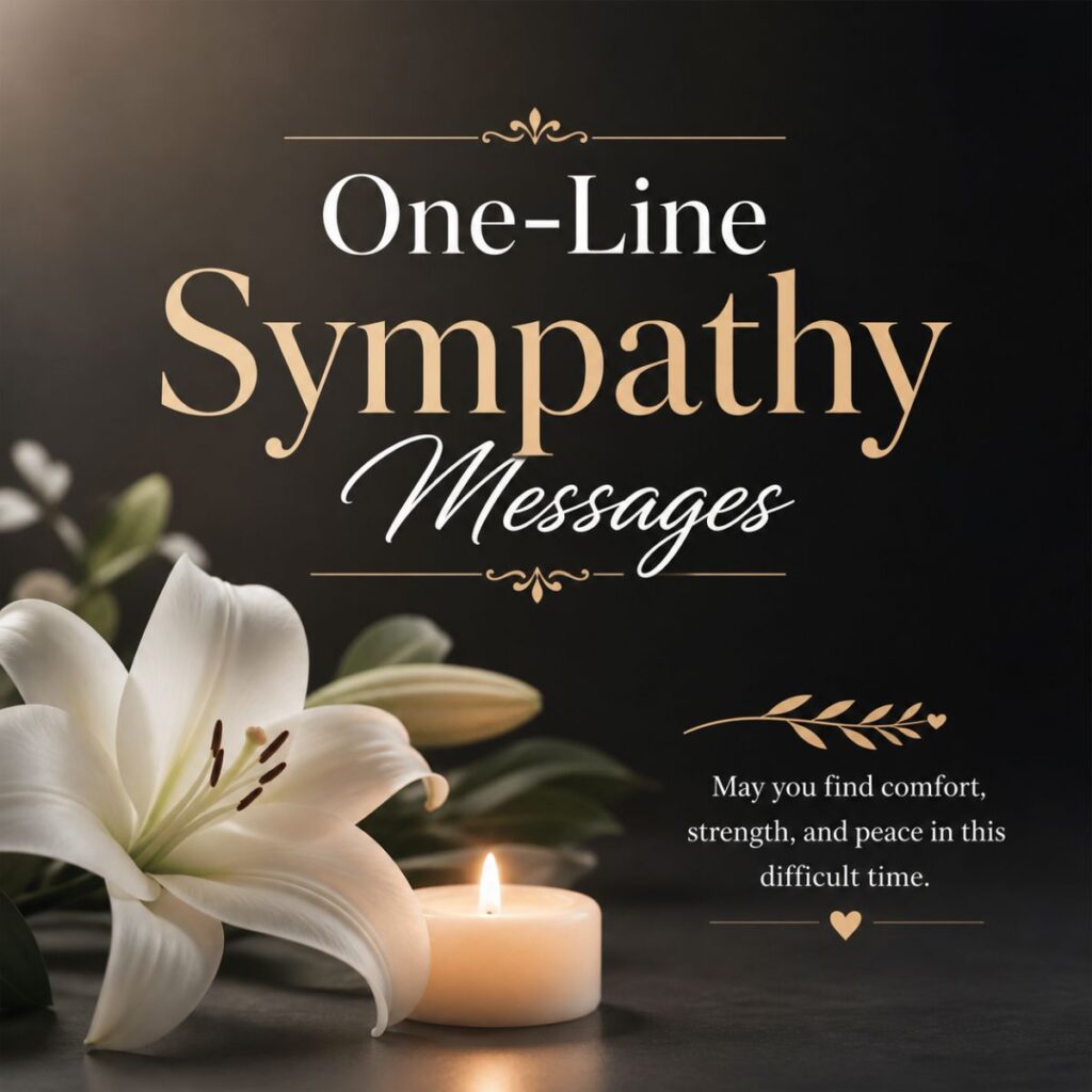 Elegant sympathy poster with lilies, candle, and text “One-Line Sympathy Messages” on dark background