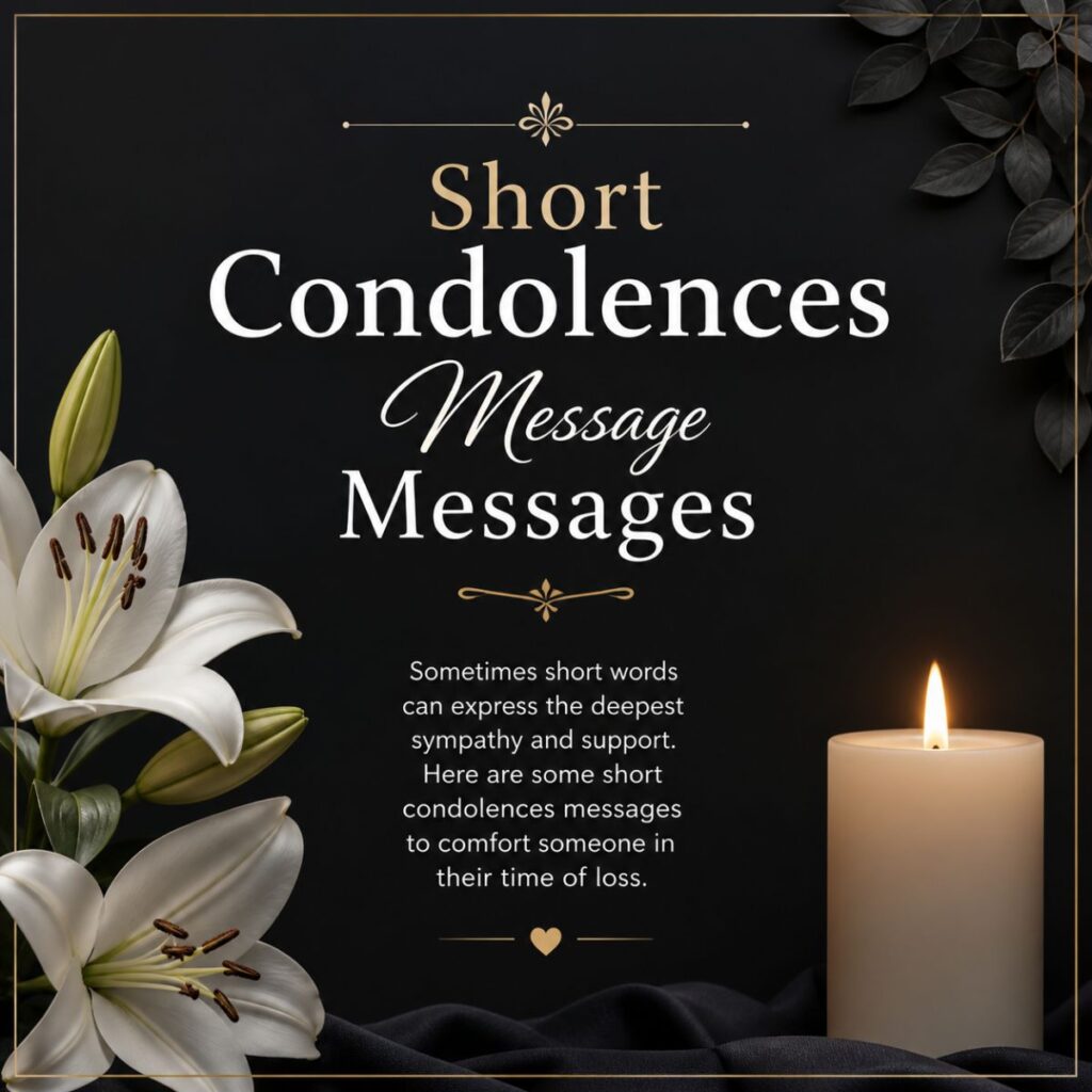 Elegant condolence-themed design with candles, white flowers, and text "Short Condolences Messages"