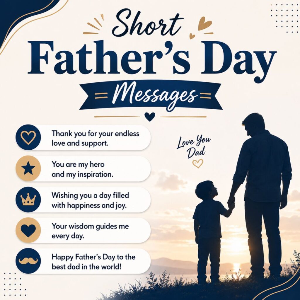 Short Father's Day Messages poster with father-child silhouette at sunset and heartfelt appreciation quotes