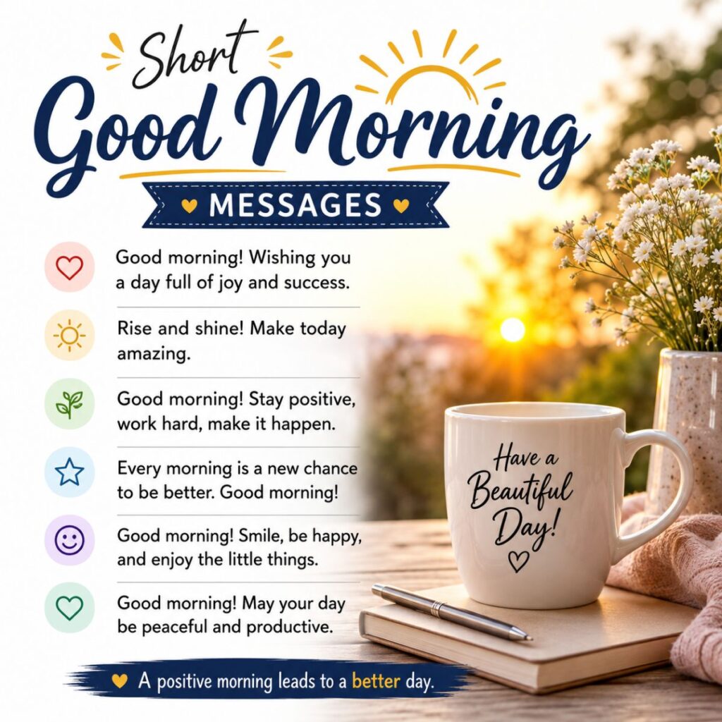 Short Good Morning Messages poster with sunrise, coffee cup, and inspirational morning quotes