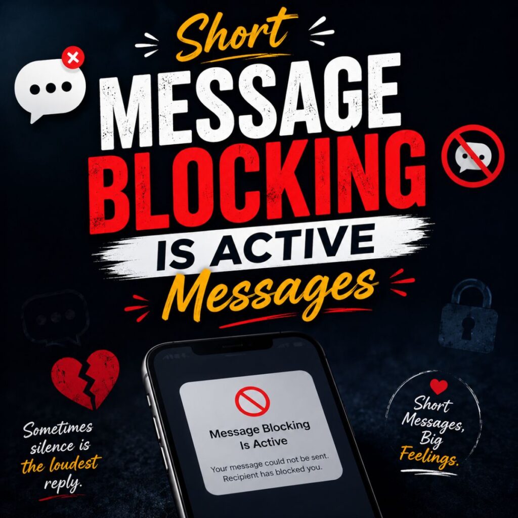 Short message blocking is active design with phone alert, broken heart icon, and bold text on dark background