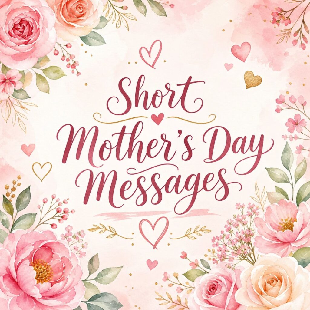 Short Mother's Day Messages text on a pink floral watercolor background with roses and hearts.