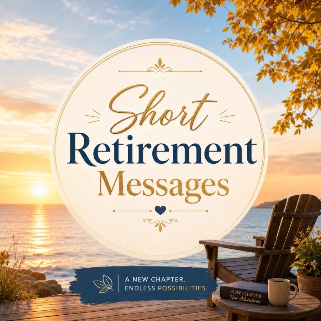 Peaceful sunset beach scene with a wooden chair and text saying Short Retirement Messages for a new chapter.