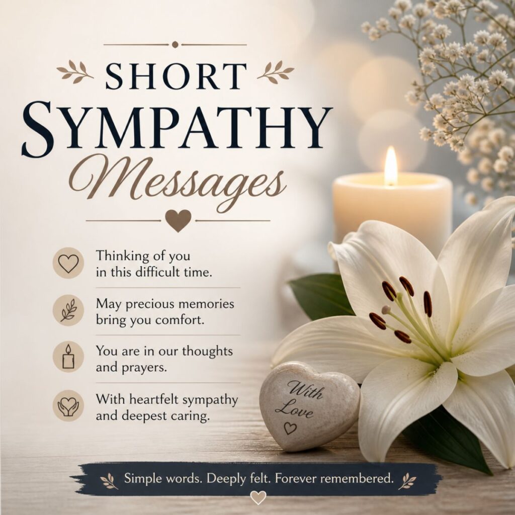 Calm sympathy message poster with soft floral background and text “Short Sympathy Messages”