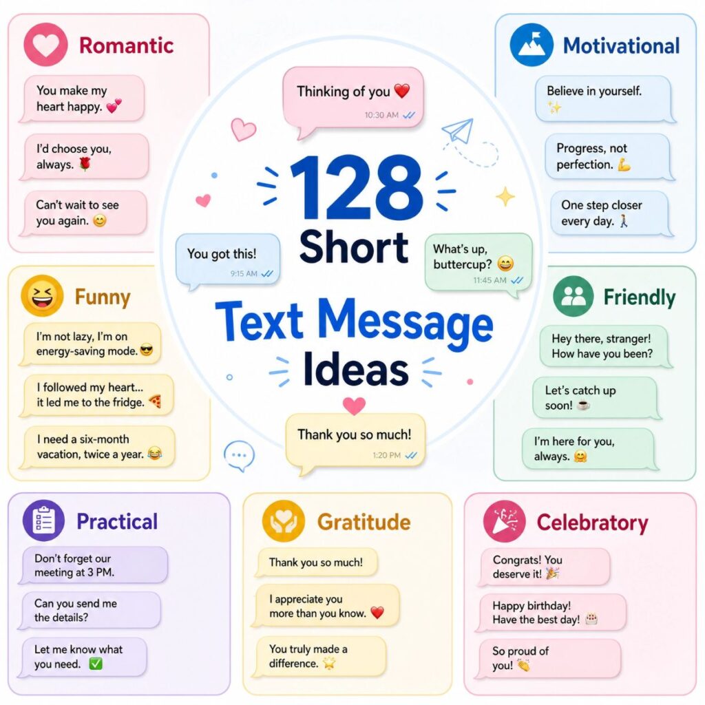 Infographic showing 128 short text message ideas categorized by mood like romantic, funny, and motivational.