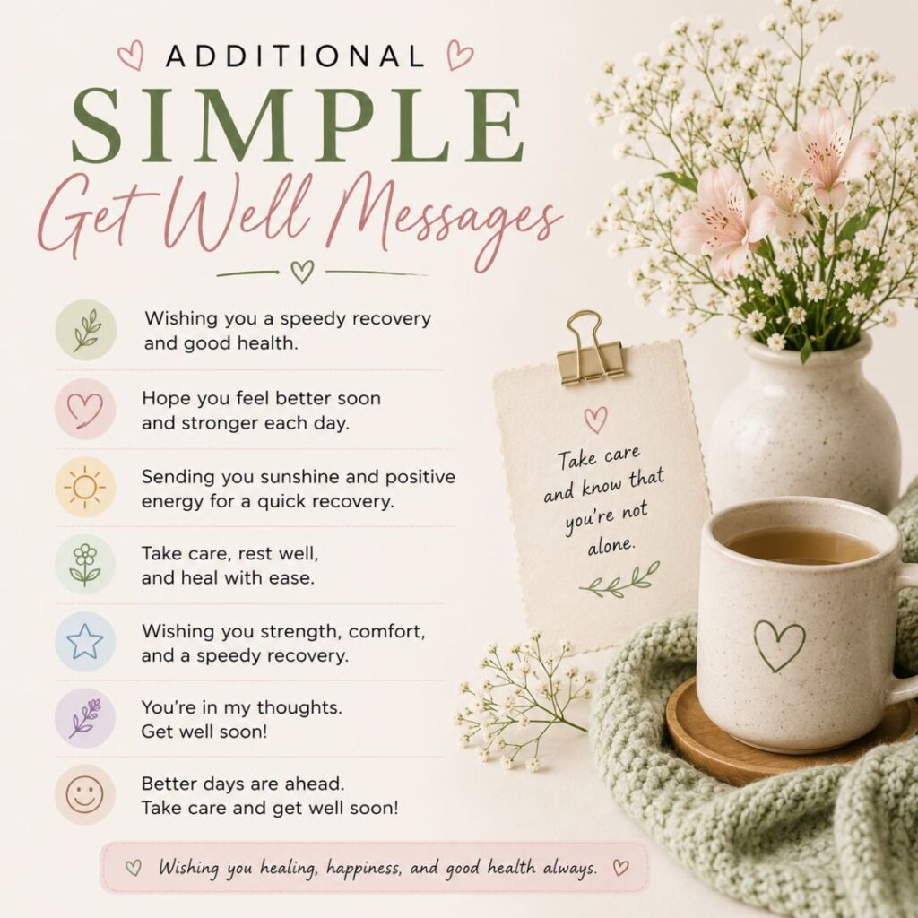 Additional simple get well messages poster with floral decor, tea mug, and comforting recovery wishes