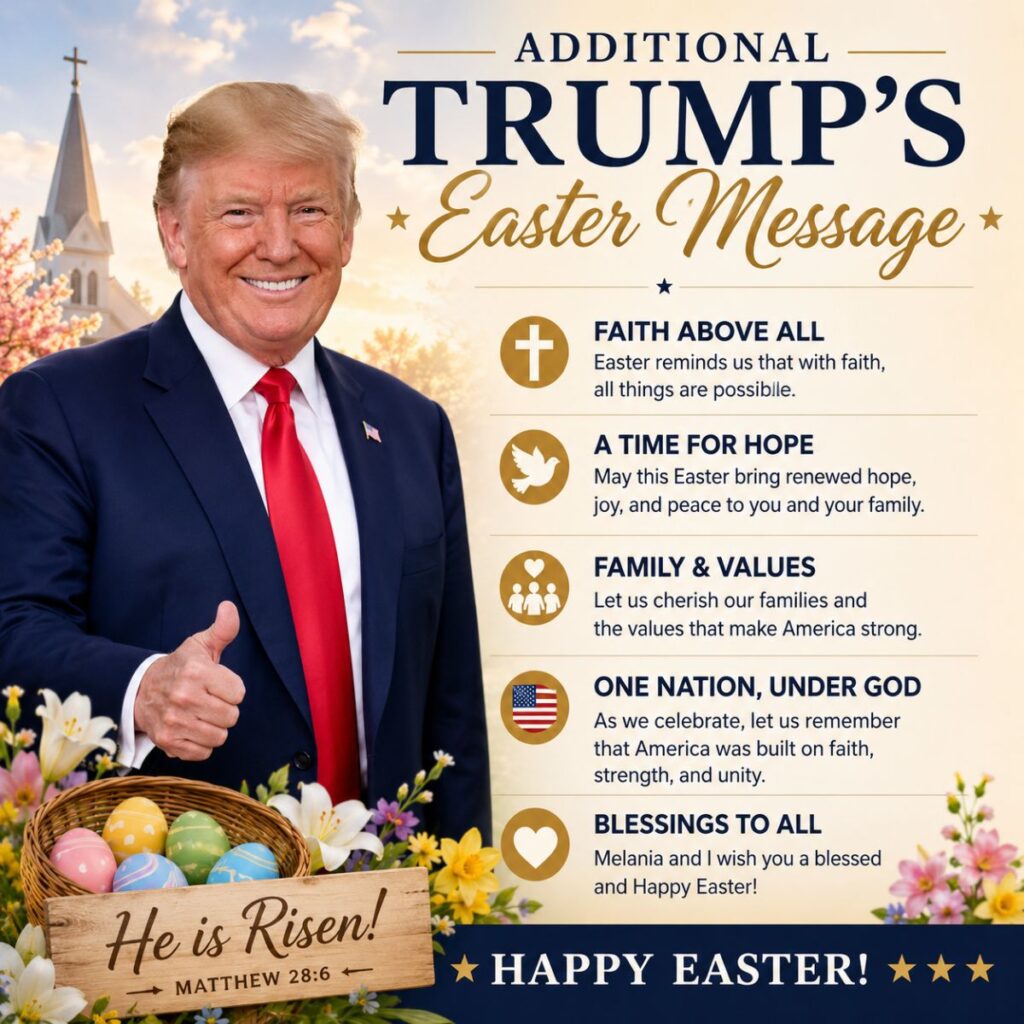 Donald Trump Easter message graphic with faith, hope, family values, Easter eggs, spring flowers, and a Happy Easter greeting.