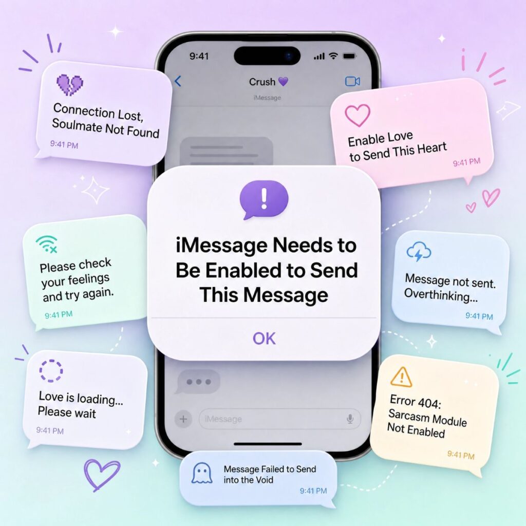 Aesthetic iPhone screen with funny iMessage error bubbles like 'Soulmate Not Found' and 'Enable Love' in pastel colors.