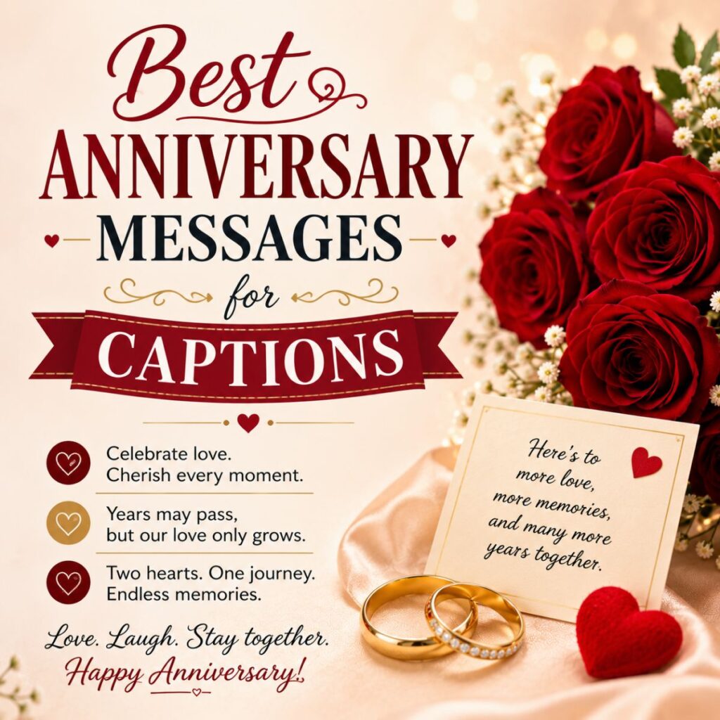 Best anniversary messages for captions graphic with red roses, wedding rings, and romantic love note