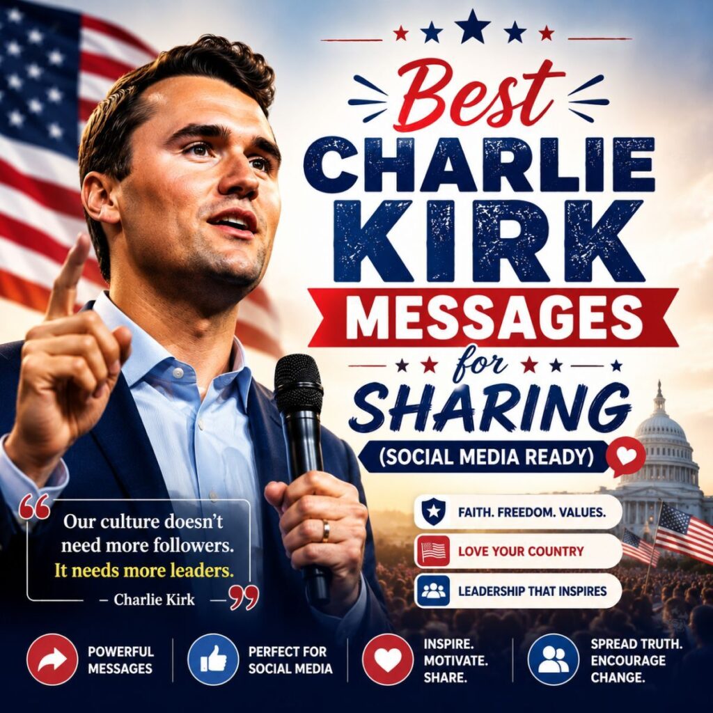 Best Charlie Kirk messages for sharing on social media with patriotic themes, American flag, and leadership quotes