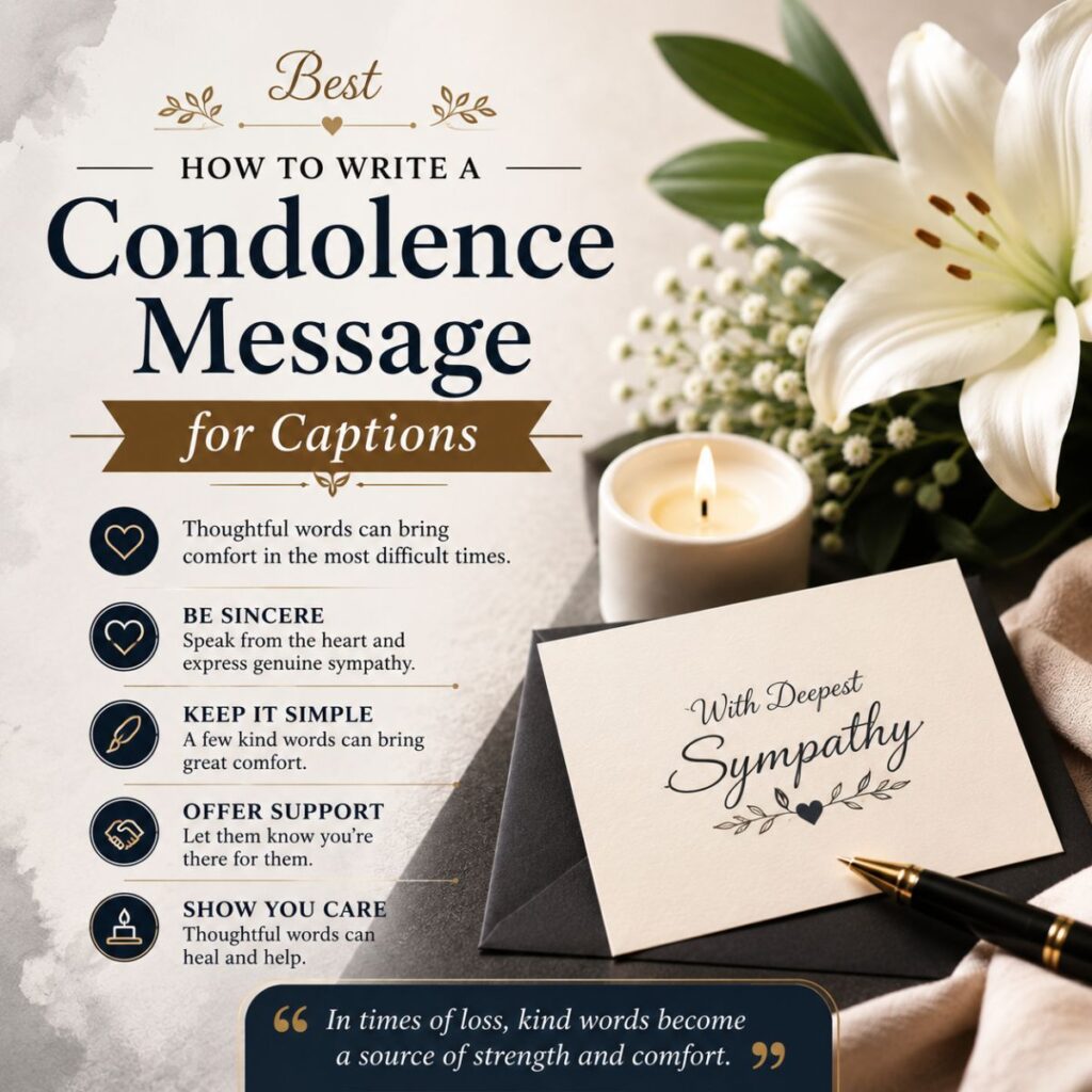 Best condolence message captions guide with sympathy card, candle, and white lilies for heartfelt social media posts