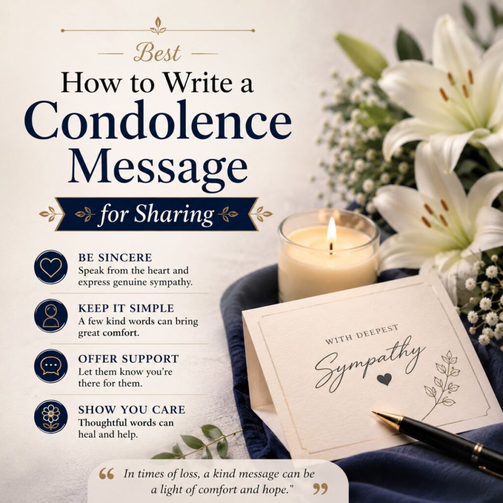Best condolence message writing guide with sympathy card, candle, and white flowers for sharing heartfelt support