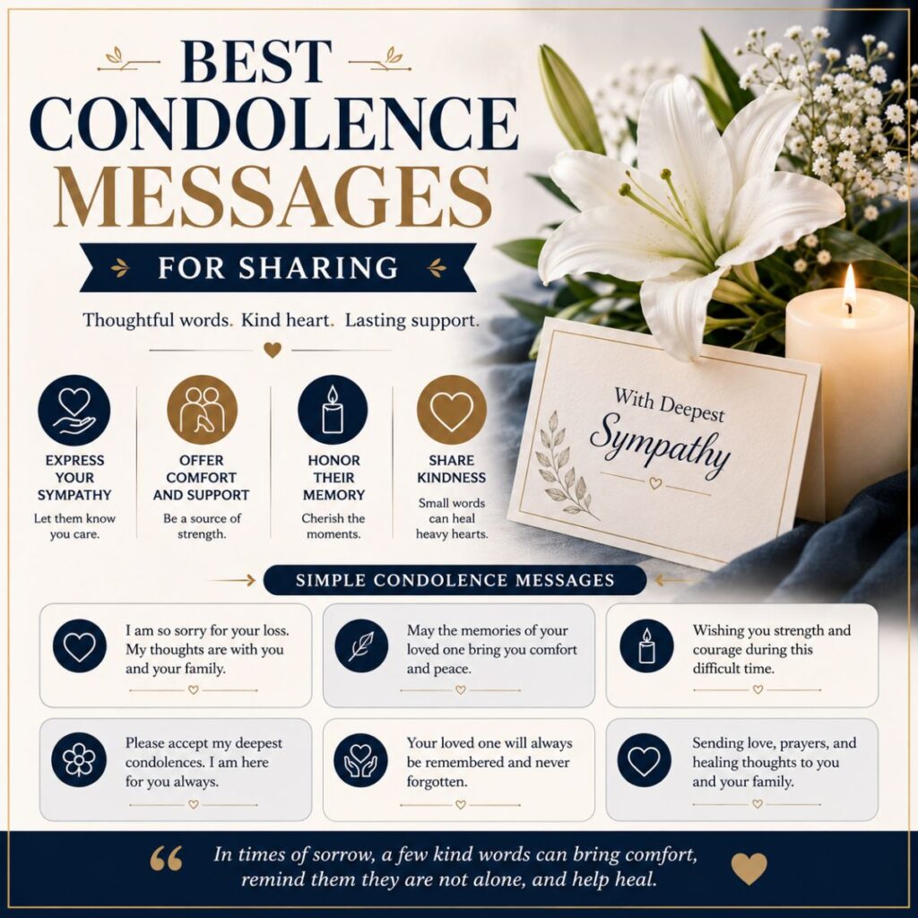 Best condolence messages for sharing with sympathy card, candle, and white flowers in a comforting memorial setting