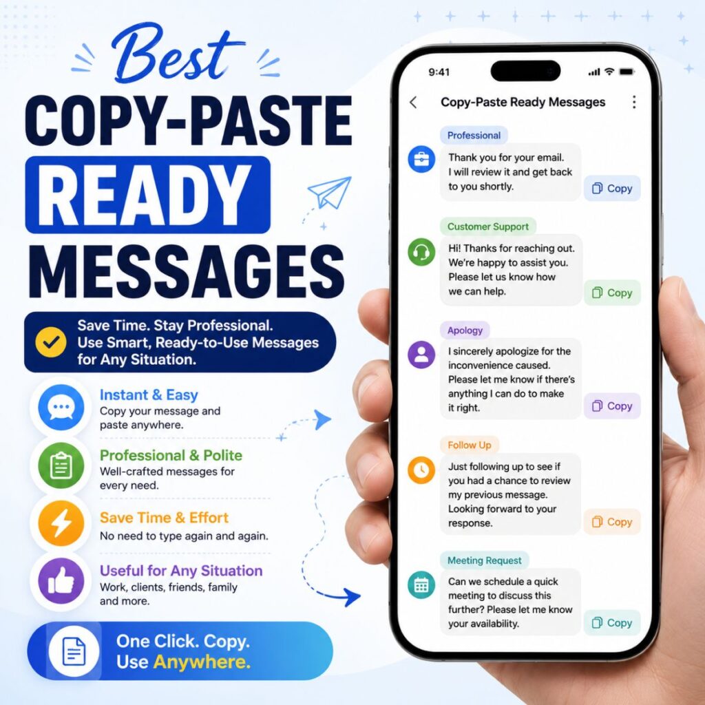 Modern infographic showing copy-paste ready messages on a smartphone screen with categories such as professional, customer support, apology, follow-up, and meeting request.