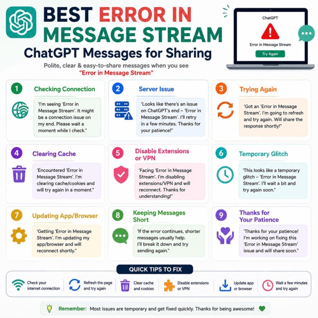 Infographic featuring shareable Error in Message Stream ChatGPT messages with troubleshooting tips and example responses.