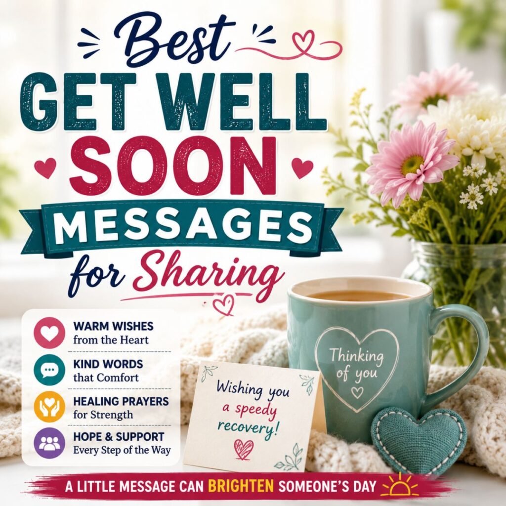 Best get well soon messages for sharing with comforting wishes, flowers, tea mug, and recovery greeting card