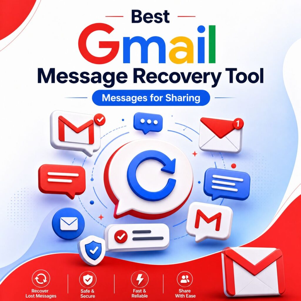 A vibrant 3D illustration with Gmail-themed message bubbles and a central refresh icon, symbolizing effective email recovery and sharing.