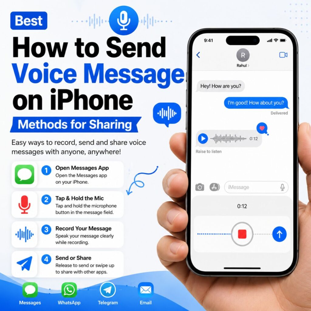 Infographic showing the best methods to send and share voice messages on an iPhone, featuring a hand holding an iPhone with a voice recording screen, step-by-step instructions, and sharing app icons.
