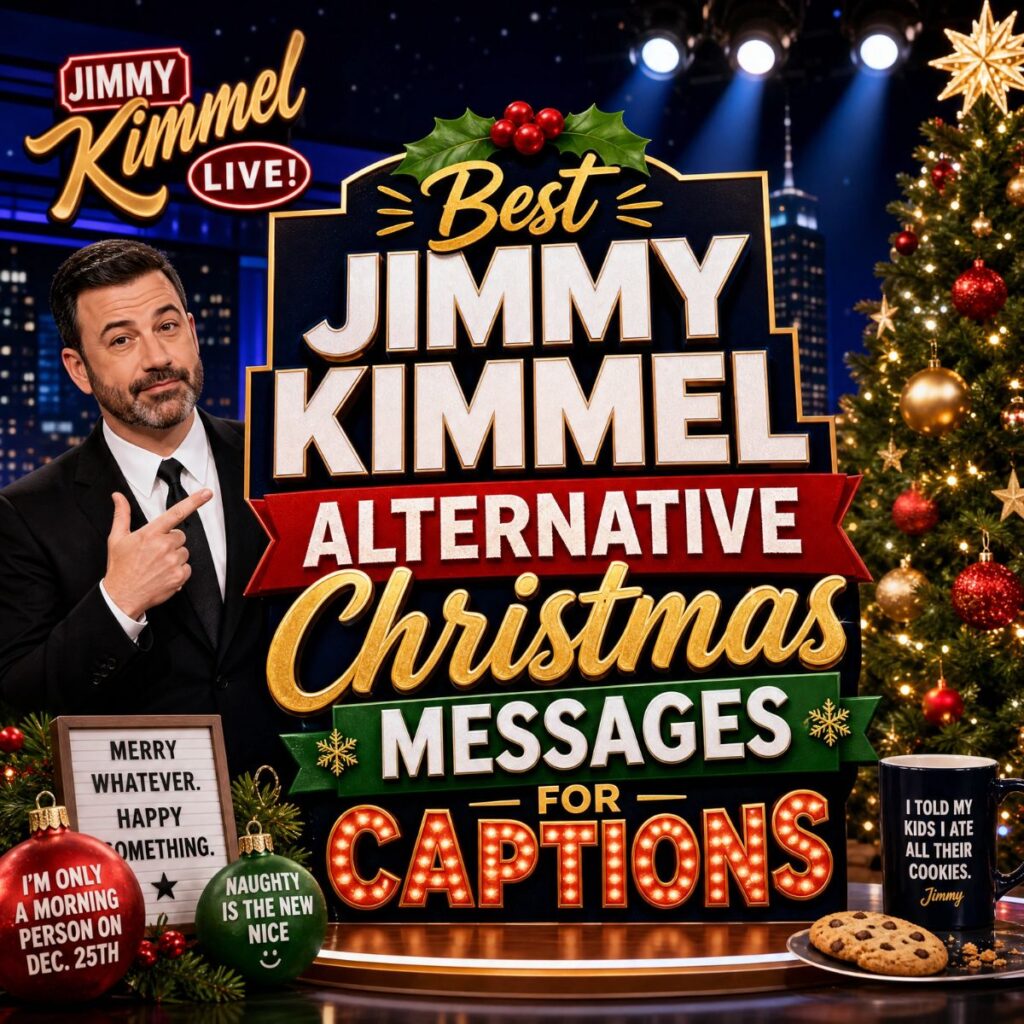 Jimmy Kimmel with festive Christmas decor, pointing to "Best Alternative Christmas Messages for Captions."