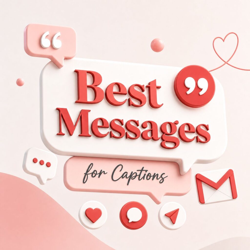 A stylish 3D illustration featuring floating text bubbles, quote marks, and social media icons, representing engaging captions and messages.