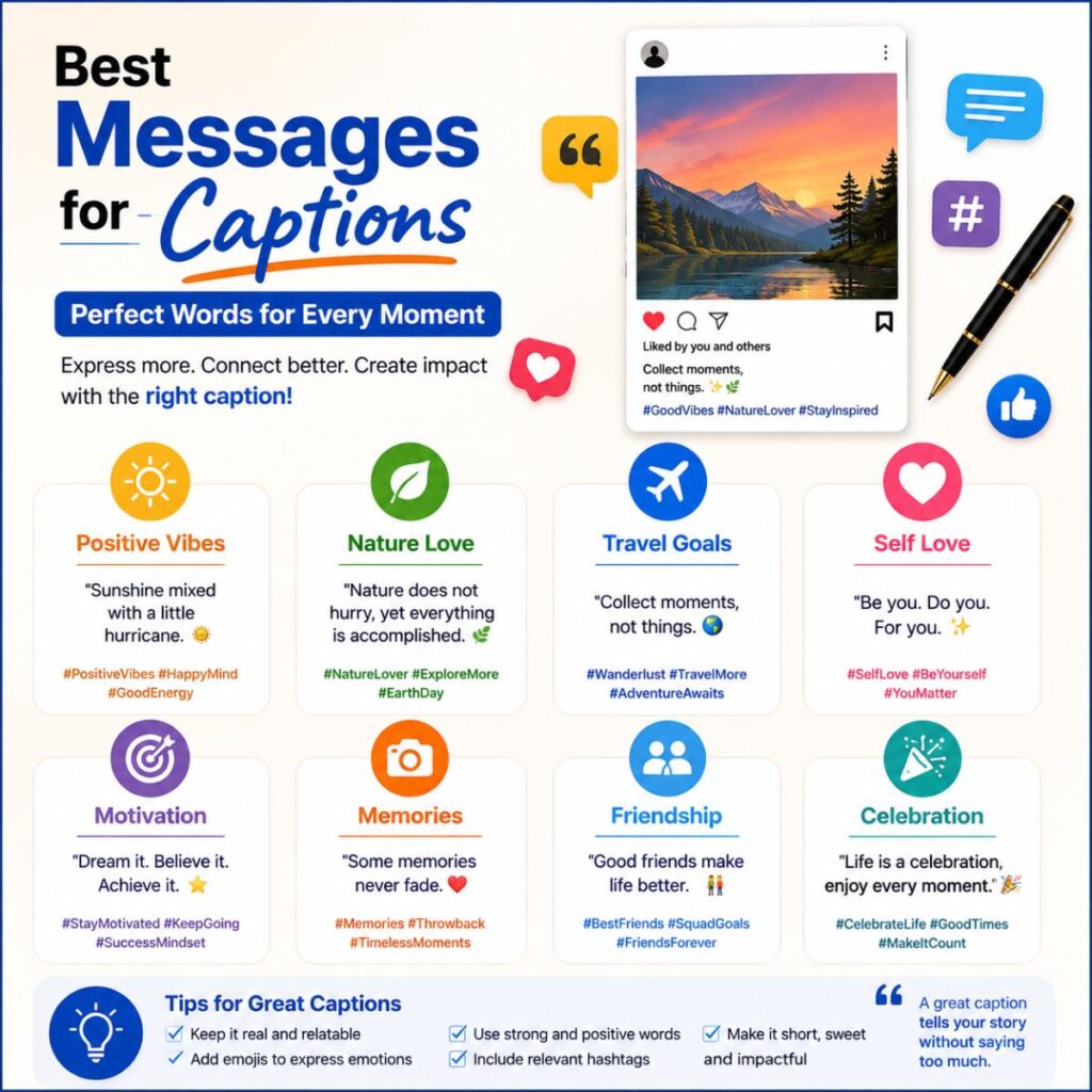 Best messages for captions infographic featuring social media caption ideas, quotes, hashtags, and creative posting inspiration