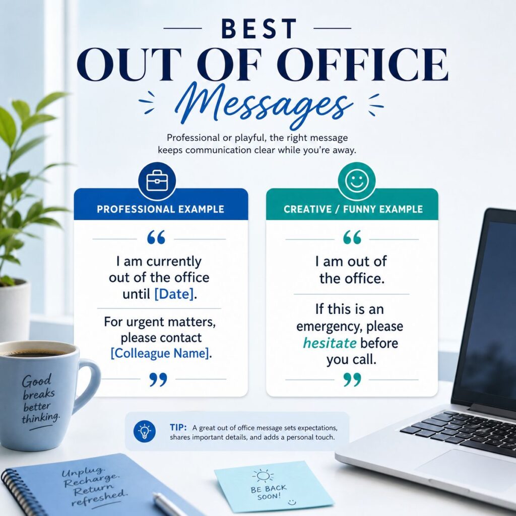 Infographic showing professional and funny out-of-office message examples with a laptop and coffee background.