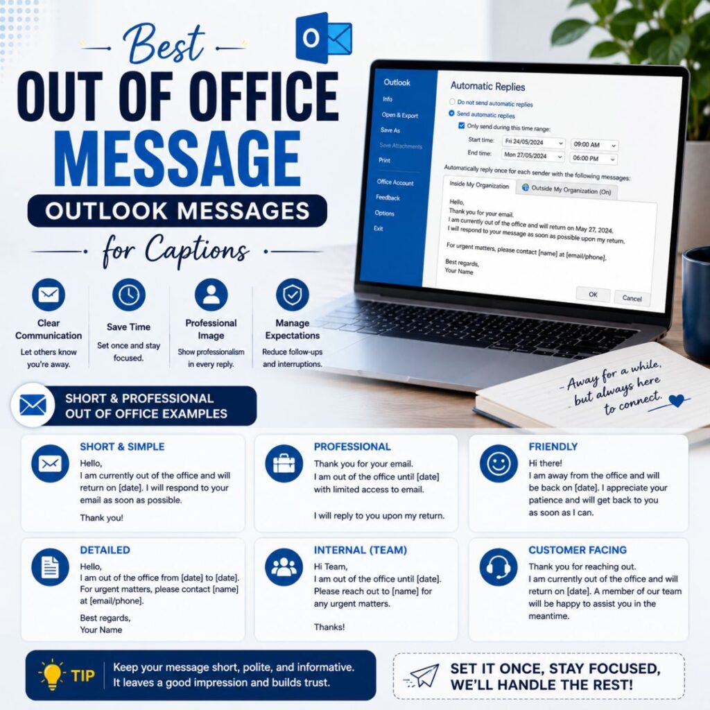 Best Outlook out of office message captions with email auto-reply examples and professional communication tips