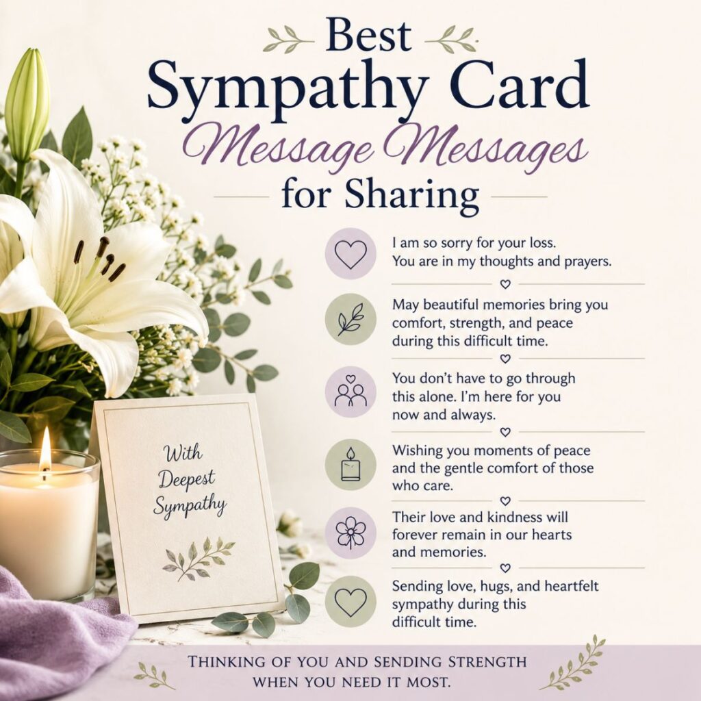Copy-paste ready sympathy card messages with white lilies, candle, and comforting condolence quotes for support.