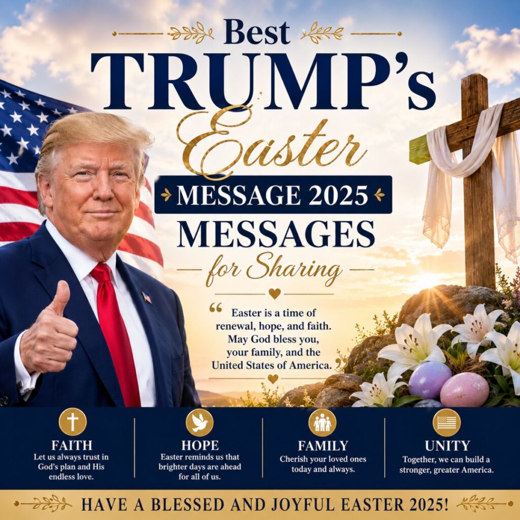 Trump Easter Message 2025 graphic with cross, American flag, lilies, and faith-themed Easter wishes for sharing