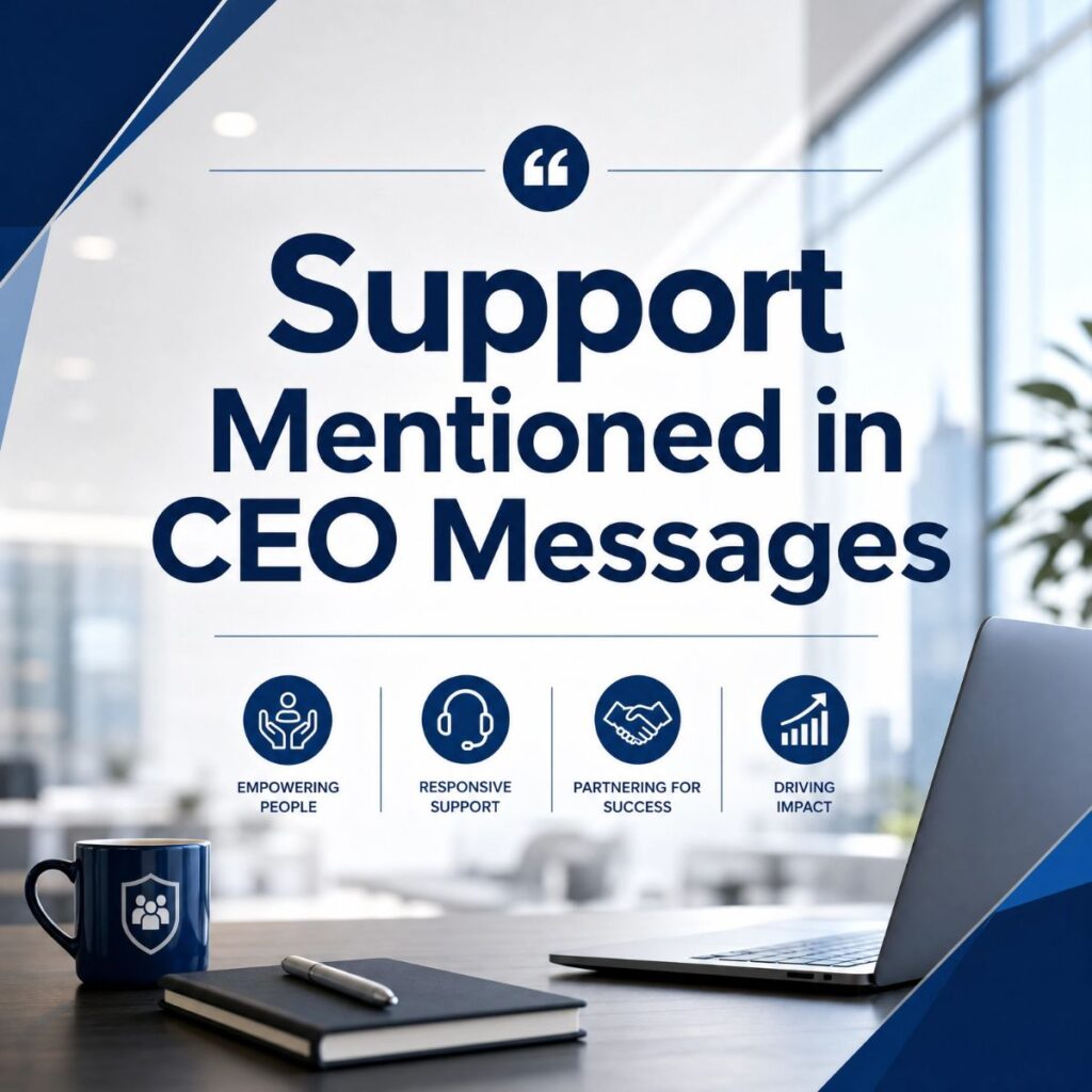 CEO messages support graphic featuring corporate icons for empowerment, partnership, and impact in a modern office.